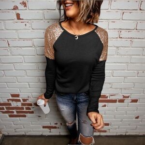 Black & Gold Sequin Sleeve Women's Top "Jennifer"